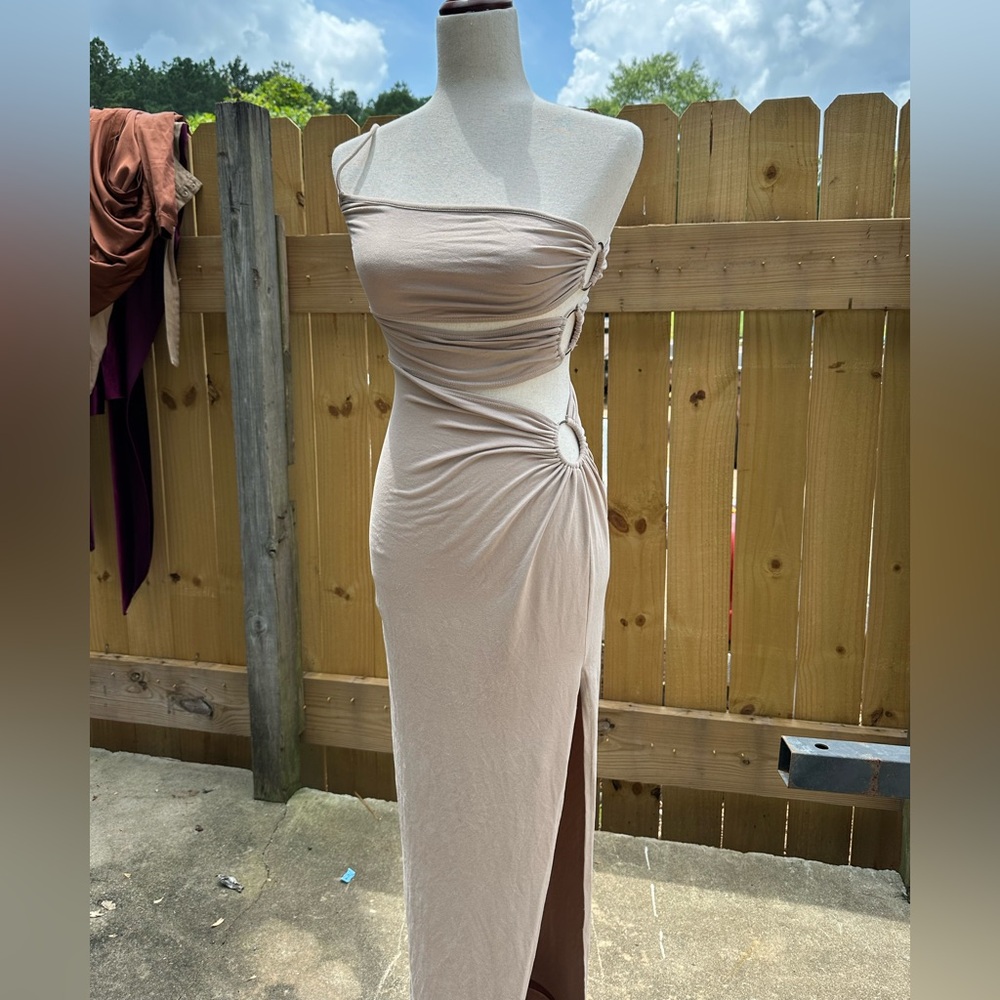 Fashion Nova Nude One Shoulder Bodycon Open Side Ringed Detail Maxi Dress